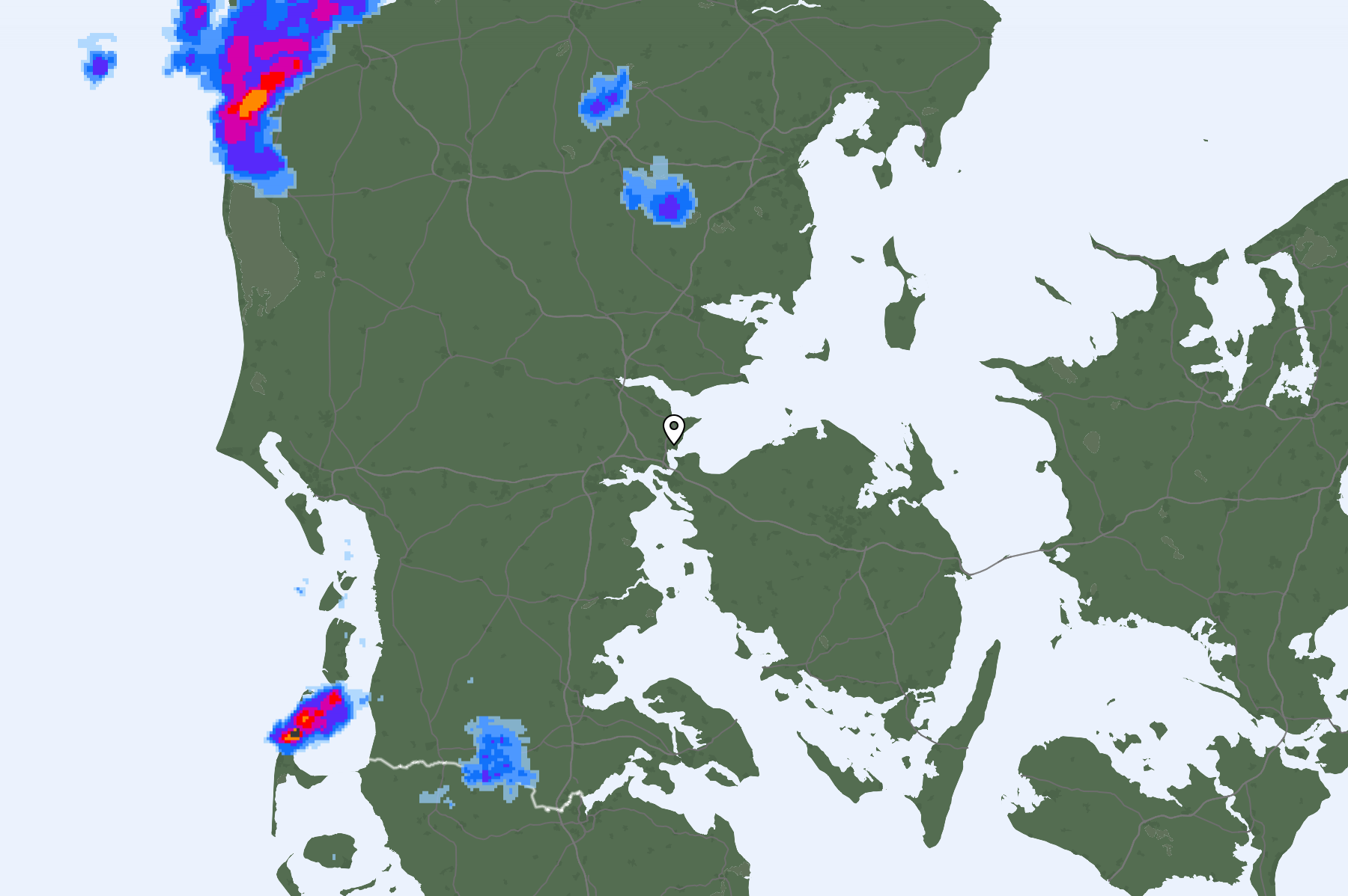 DMI radarbillede over Danmark